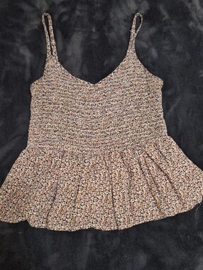 Smocked Floral Peplum Tank Top - Yellow And White And Blue